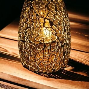 Amber Mosaic Glass Candle Holder Mirror Broken Glass 3.75" Tea Light Lantern EXC